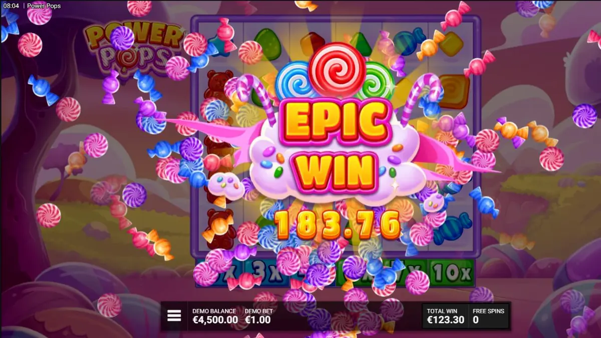 Tampilan visual slot Power Pops dengan tema permen yang cerah dan penuh warna.